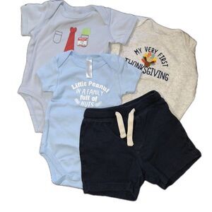 Boys 12 Months 4 Piece Lot 3 Bodysuits 1st Thanksgiving Tax Ded 1 Pair Shorts